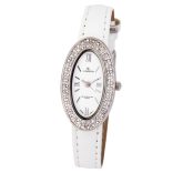 Cardy női karóra, ezüst színű fémtok kő díszítéssel, fehér színű szíj, fehér számlap, quartz szerkezet, cseppmentes vízállóság