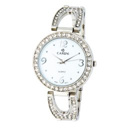   Cardy női karóra, ezüst színű tok kő díszítéssel, ezüst színű fémcsat, fehér számlap, quartz szerkezet, cseppmentes vízállóság