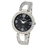 Cardy női karóra, ezüst színű tok kő díszítéssel, ezüst színű fémcsat, fekete számlap, quartz szerkezet, cseppmentes vízállóság