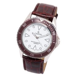   Cardy férfi karóra, bordó / ezüst színű fémtok, barna szíj, fehér számlap, quartz szerkezet, cseppmentes vízállóság