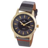 Cardy női karóra, arany színű fémtok, mintás textilhatású szíj, fekete / szürke számlap, quartz szerkezet, cseppmentes vízállóság