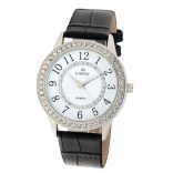 Cardy női karóra, ezüst színű fémtok kő díszítéssel, fekete szíj, fehér számlap, quartz szerkezet, cseppmentes vízállóság