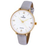 Cardy női karóra, arany színű fémtok, szürke színű szíj, fehér számlap, quartz szerkezet, cseppmentes vízállóság