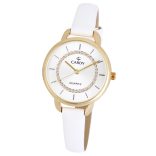 Cardy női karóra, arany színű fémtok, fehér színű szíj, ezüst színű számlap, quartz szerkezet, cseppmentes vízállóság