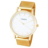 Cardy férfi karóra, arany színű fémtok, arany színű  acél csat (mesh band), fehér számlap, quartz szerkezet, cseppmentes vízállóság