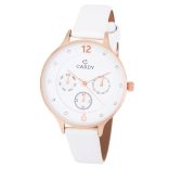 Cardy női karóra, rózsaarany színű fémtok, fehér szíj, fehér színű számlap, quartz szerkezet, cseppmentes vízállóság