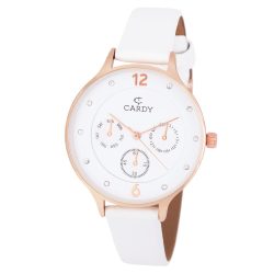   Cardy női karóra, rózsaarany színű fémtok, fehér szíj, fehér színű számlap, quartz szerkezet, cseppmentes vízállóság