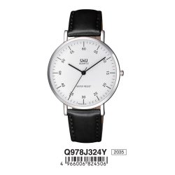   Q&Q férfi bőrszíjas karóra, ezüst színű tok, fekete színű szíj, fehér számlap, Q978J324Y