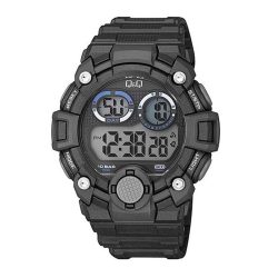   Q&Q férfi műanyag szíjas digitális karóra, fekete színű tok és szíj, fekete színű számlap, M162J002Y