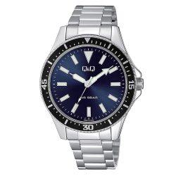   Q&Q analóg férfi karóra, ezüst színű fém tok, ezüst színű nemesacél csat, kék számlap, ásványüveg, quartz szerkezet, 50 m (5 ATM) vízállóság - QB64J202Y