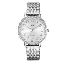   Q&Q analóg női karóra, ezüst színű fém tok, ezüst színű nemesacél csat, fehér számlap, ásványüveg, quartz szerkezet, cseppmentes vízállóság - QC09J204Y