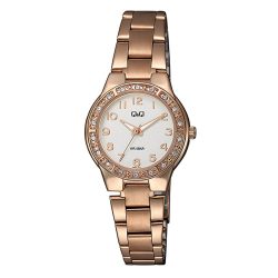   Q&Q női karóra, quartz, rózsaarany színű tok, rózsaarany színű acél karcsat, fehér számlap, Q691J024Y