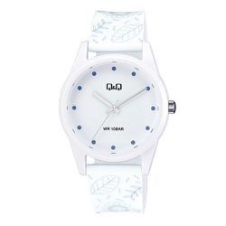   Q&Q női karóra, quartz, fehér színű műanyag tok, virágos mintás fehér színű műanyag szíj, fehér színű számlap, V08A-001VY