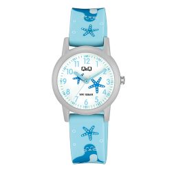   Q&Q gyerek karóra, quartz, szürke színű műanyag tok, fehér figurás számlap, világoskék figurás műanyag szíj, V23A-002VY