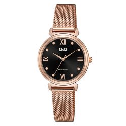   Q&Q női karóra, quartz, rózsaarany színű fémtok, fekete színű számlap, rózsaarany színű acél karcsat, Q27B-005PY