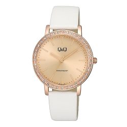   Q&Q női karóra, quartz, rózsaarany színű fémtok, rózsaarany színű számlap, fehér színű bőrszíj, Q33B-005PY