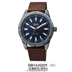   Q&Q férfi szíjas karóra, quartz, fekete tok, barna szíj, kék számlap, QB14J522Y