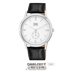   Q&Q férfi szíjas karóra, quartz, ezüst színű tok, fekete szíj, fehér számlap, QA60J301Y