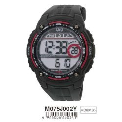   Q&Q sportos férfi karóra, quartz szerkezet, LCD kijelző, fekete színű tok és szíj, M075J002Y