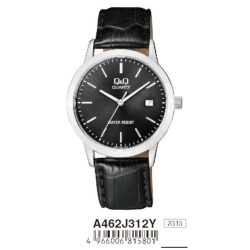   Q&Q férfi bőrszíjas karóra, quartz, ezüst színű tok, A462J312Y