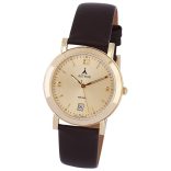 ASTRON 5168-9 elegáns férfi karóra, arany színű nemesacél tok, barna bőrszíj, római számos, arany színű számlap, keményített ásványüveg, quartz szerkezet, 50 m (5 ATM) vízállóság