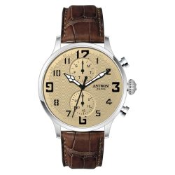   ASTRON 5506-5 férfi karóra, multifunkciós, ezüst színű nemesacél tok, barna bőrszíj, pezsgőszínű számlap, keményített ásványüveg, quartz szerkezet, cseppmentes vízállóság