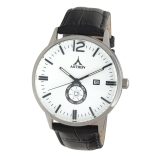 ASTRON 5554-7 férfi karóra, ezüst színű nemesacél tok, fekete bőrszíj, fehér számlap, keményített ásványüveg, multifunkciós quartz szerkezet, 50 m (5 ATM) vízállóság