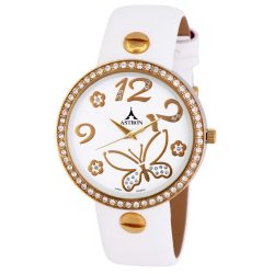   ASTRON 5658-0 női karóra, bicolor színű fém tok, fekete bőrszíj, fehér számlap, keményített ásványüveg, quartz szerkezet, cseppmentes vízállóság