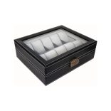 Óratartó doboz, 10 rekeszes, fekete (PU bőr, szűrke, párnás)
