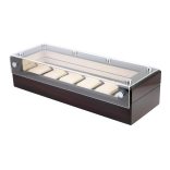 Óra tartó doboz, 6 rekeszes, lakkozott mahagóni külső, bézs színű műbőr belső