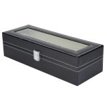 Óratartó doboz, 6 rekeszes, kívűl fekete műbőr borítás, belűl fehér textíl