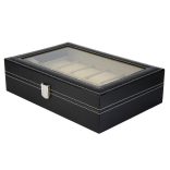 Óratartó doboz, 12 rekeszes, kívűl fekete műbőr borítás, belűl fehér textíl