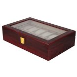 Óratartó doboz, 12 rekeszes, kívűl barna fa felület, belűl fehér textíl