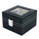 Óratartó doboz, 2 rekeszes, kívül fekete műbőr borítás, belül krém színű textil 