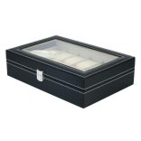 Óratartó doboz, 12 rekeszes, kívűl fekete műbőr borítás, belűl fehér textil 