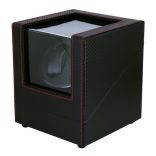 Óraforgató doboz, 2 db karórához, kívűl fekete műbőr borítás piros varással, belűl fekete műbőr