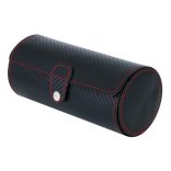 Óratartó doboz (utazós), 2 db óra rekesz + 1 ékszer rekeszes, kívül fekete műbőr piros varrással borítás, belűl szürke textil