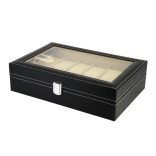 Óratartó doboz, 12 rekeszes, kívül fekete műbőr borítás, belül krém színű textil 