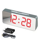 Hálózati asztali óra, tükrös előlappal, szürke tok, piros LED számokkal