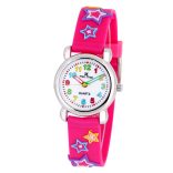 Tiko Time karóra gyerekeknek, ezüst színű fémtok, quartz szerkezet, 3D figurás szíj ciklámen alapon csillagok, cseppmentes vízállóság