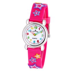   Tiko Time karóra gyerekeknek, ezüst színű fémtok, quartz szerkezet, 3D figurás szíj ciklámen alapon csillagok, cseppmentes vízállóság