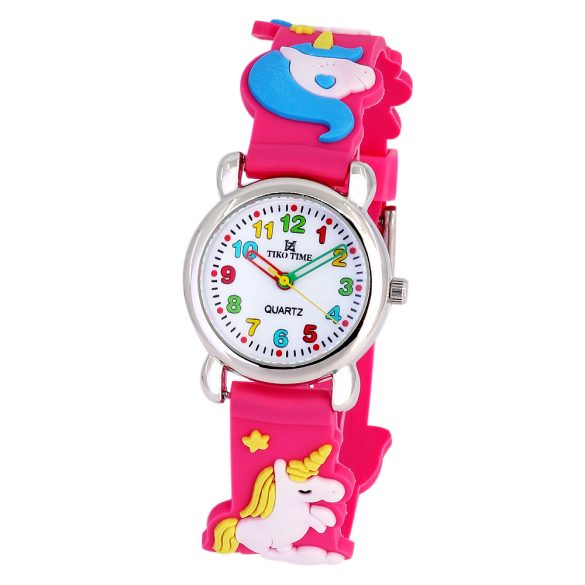 Tiko Time karóra gyerekeknek, ezüst színű fémtok, quartz szerkezet, 3D figurás szíj rózsaszín alapon unikornisok, cseppmentes vízállóság