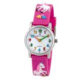 Tiko Time karóra gyerekeknek, ezüst színű fémtok, quartz szerkezet, 3D figurás ciklámen színű műanyag szíj, fehér arab számos számlap, cseppmentes vízállóság