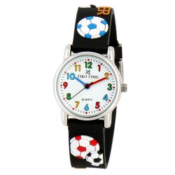   Tiko Time karóra gyerekeknek, ezüst színű fémtok, quartz szerkezet, 3D figurás fekete műanyag szíj, fehér arab számos számlap, cseppmentes vízállóság