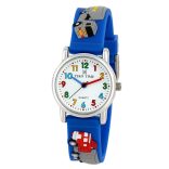 Tiko Time karóra gyerekeknek, ezüst színű fémtok, quartz szerkezet, 3D figurás kék műanyag szíj, fehér arab számos számlap, cseppmentes vízállóság