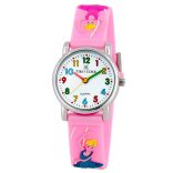 Tiko Time karóra gyerekeknek, ezüst színű fémtok, quartz szerkezet, 3D figurás rózsaszínű műanyag szíj, fehér arab számos számlap, cseppmentes vízállóság (ballerina)