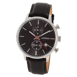   ASTRON 8012-5 sportos férfi karóra, ezüst színű nemesacél tok, fekete bőrszíj, fekete számlap, keményített ásványüveg, multifunkciós quartz szerkezet, 50 m (5 ATM) vízállóság