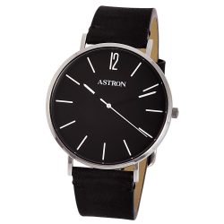   ASTRON 8014-1 elegáns férfi karóra, ezüst színű nemesacél tok, fekete bőrszíj, fekete számlap, keményített ásványüveg, quartz szerkezet, cseppmentes vízállóság