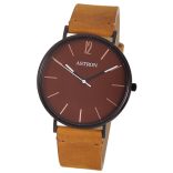 ASTRON 8014-5 elegáns férfi karóra, fekete színű nemesacél tok, barna bőrszíj, barna számlap, keményített ásványüveg, quartz szerkezet, cseppmentes vízállóság