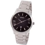 ASTRON 8019-1 elegáns férfi karóra, ezüst színű nemesacél tok, ezüst színű nemesacél csat, fekete számlap, keményített ásványüveg, quartz szerkezet, cseppmentes vízállóság